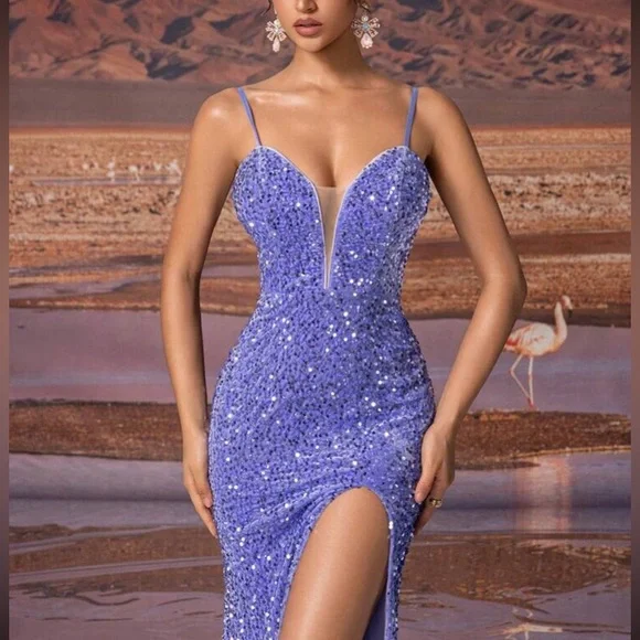 Luxe purple slit thigh sequins party dress - Picture 7 of 8